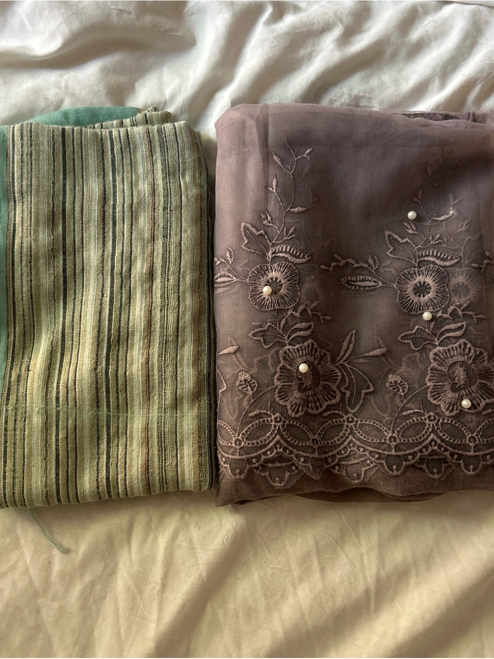 Embroidered Floral Sheer Scarf and Striped Cotton Throw - Purple & Green